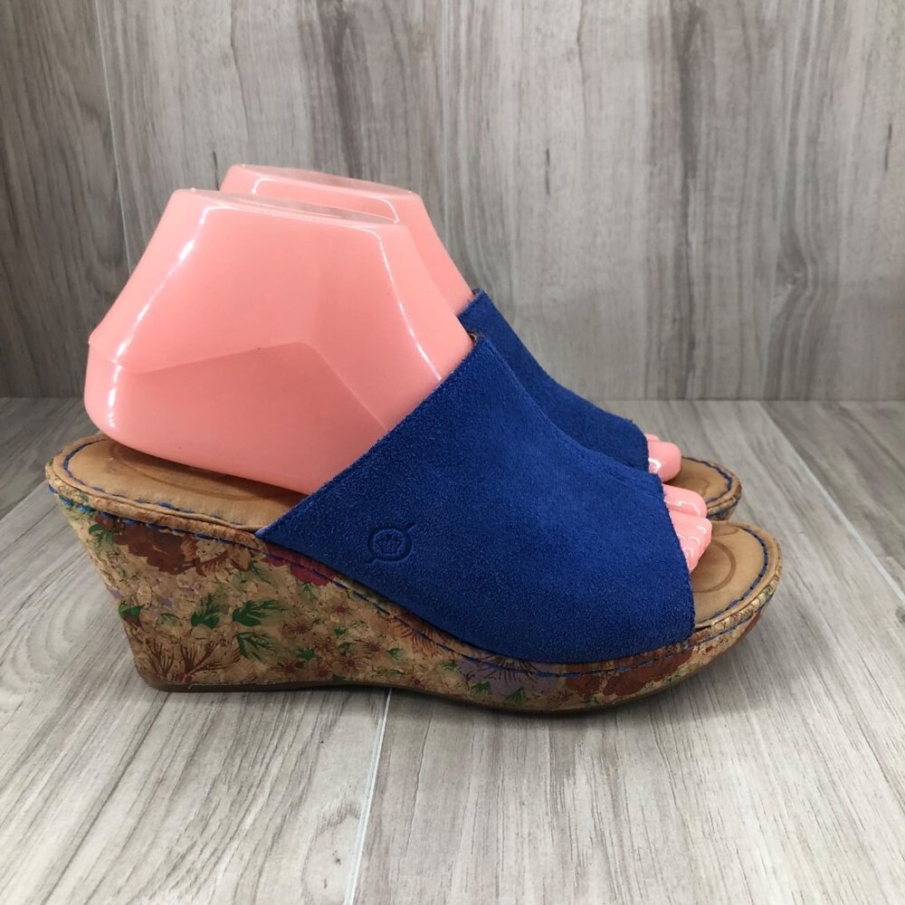 Born Wedge Sandals Womens 8M Blue Suede Slip On Floral Cork Shoes